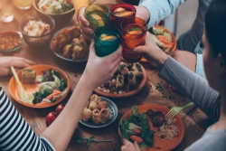 A group of friends eating a casual dinner together 